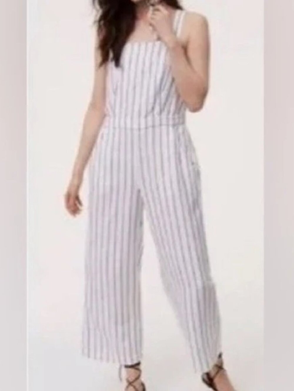 LOFT White & Black Striped Linen Blend Jumpsuit Large